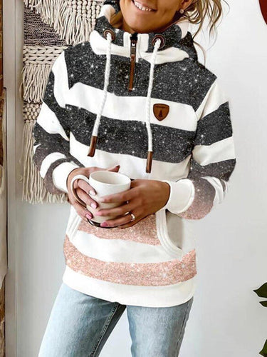 EB | Hoodie Gestreiftes Muster Reißverschluss-Detail & Kängurutasche Lässiger Komfort