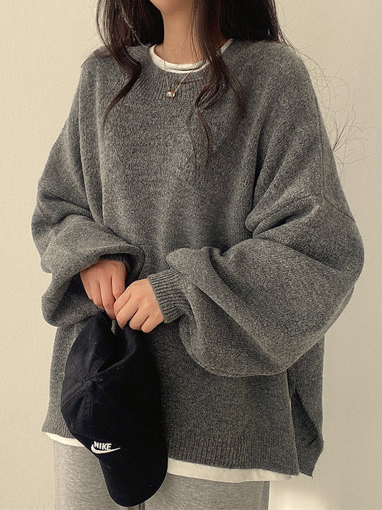 EB | Einfarbiger Oversized Pullover mit Schlitzausschnitt