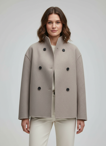 EB | Damenjacke – Kurze Wolljacke in Beige mit Stehkragen & Knopfverschluss