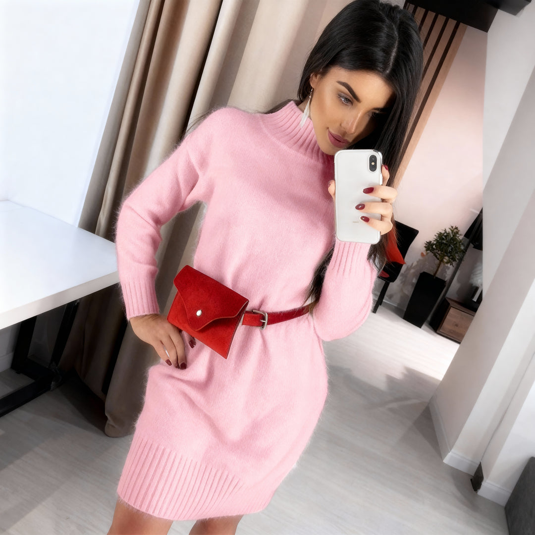 Damen Strickkleid mit hohem Kragen und Rippstruktur EB