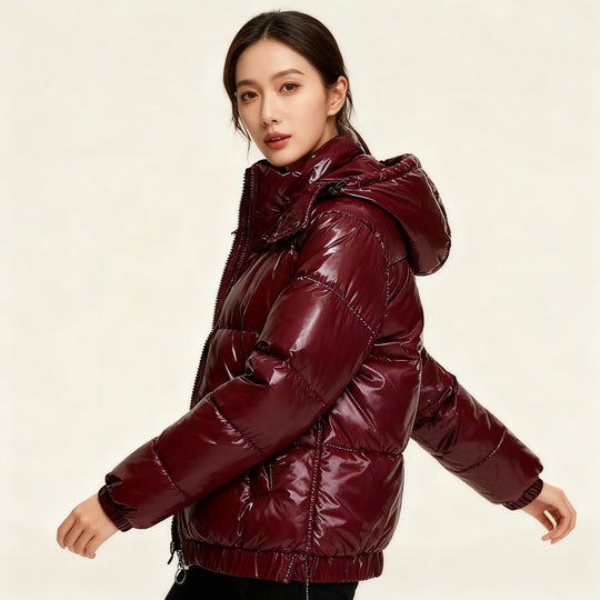 Damen glänzende Winterjacke mit Kapuze – Wasserabweisend & Wärmeisoliert – EB