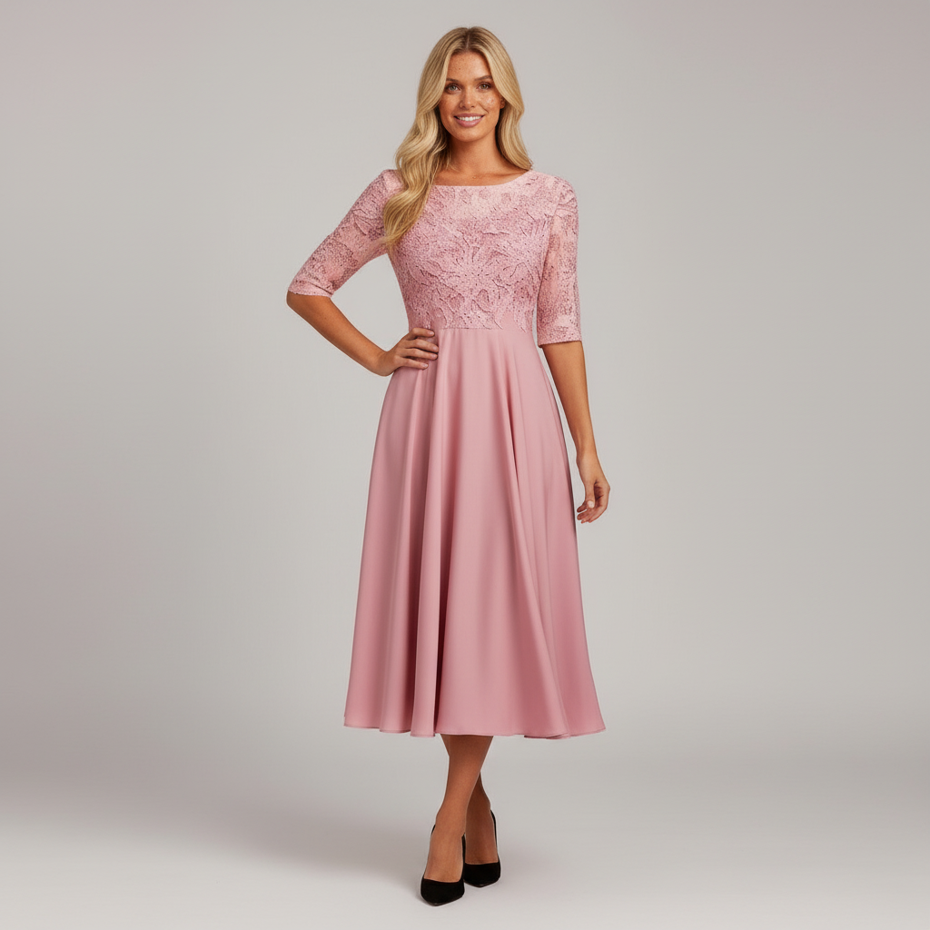 Damen Feminin Fallendes Chiffon Midikleid mit Fließendem Schnitt | EB