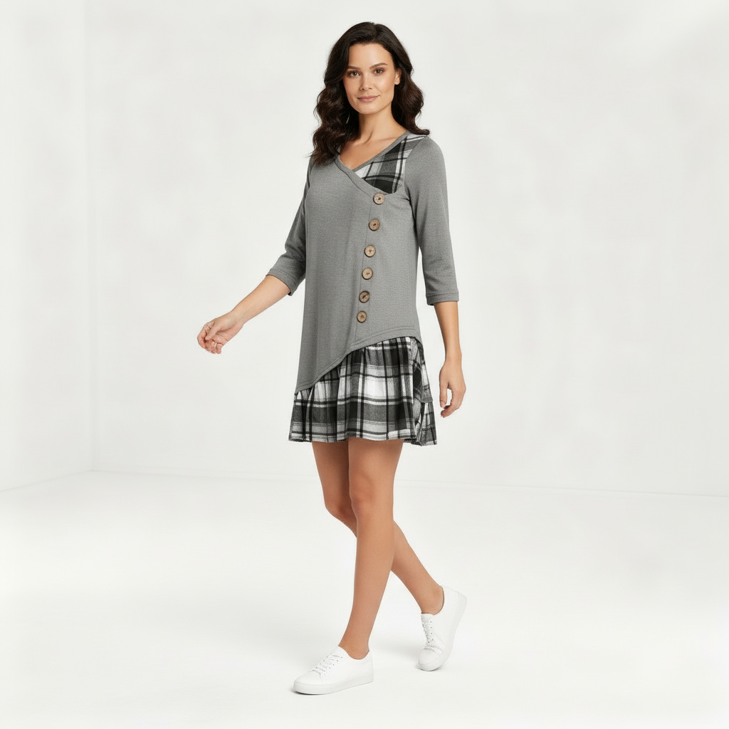 Langärmeliges Kariertes Damenkleid | EB