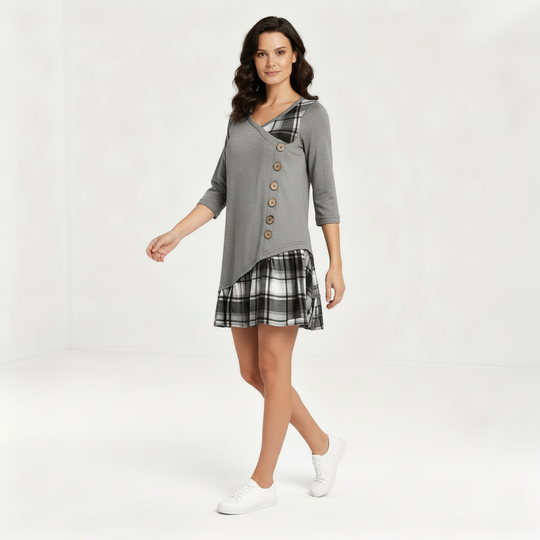 Langärmeliges Kariertes Damenkleid | EB