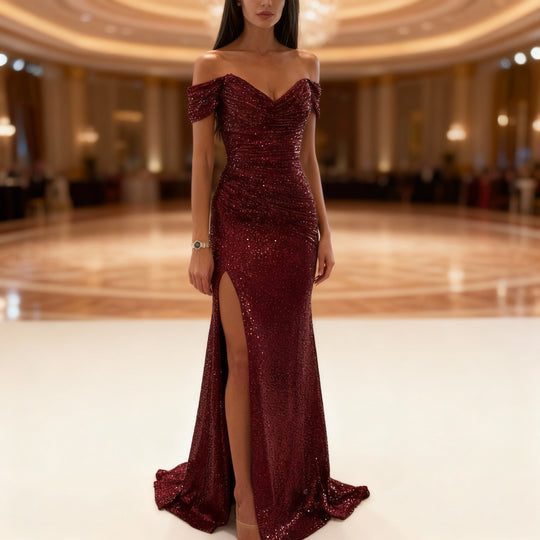 EB | Off Shoulder Abendkleid mit Pailletten, Schlitz und Figurbetontem Schnitt für Damen