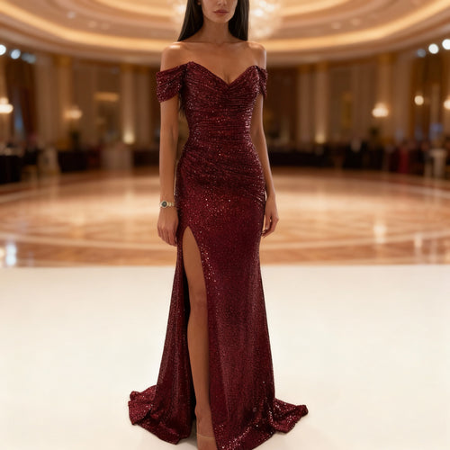 EB | Off Shoulder Abendkleid mit Pailletten, Schlitz und Figurbetontem Schnitt für Damen