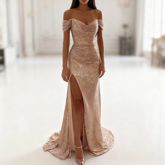EB | Off Shoulder Abendkleid mit Pailletten, Schlitz und Figurbetontem Schnitt für Damen