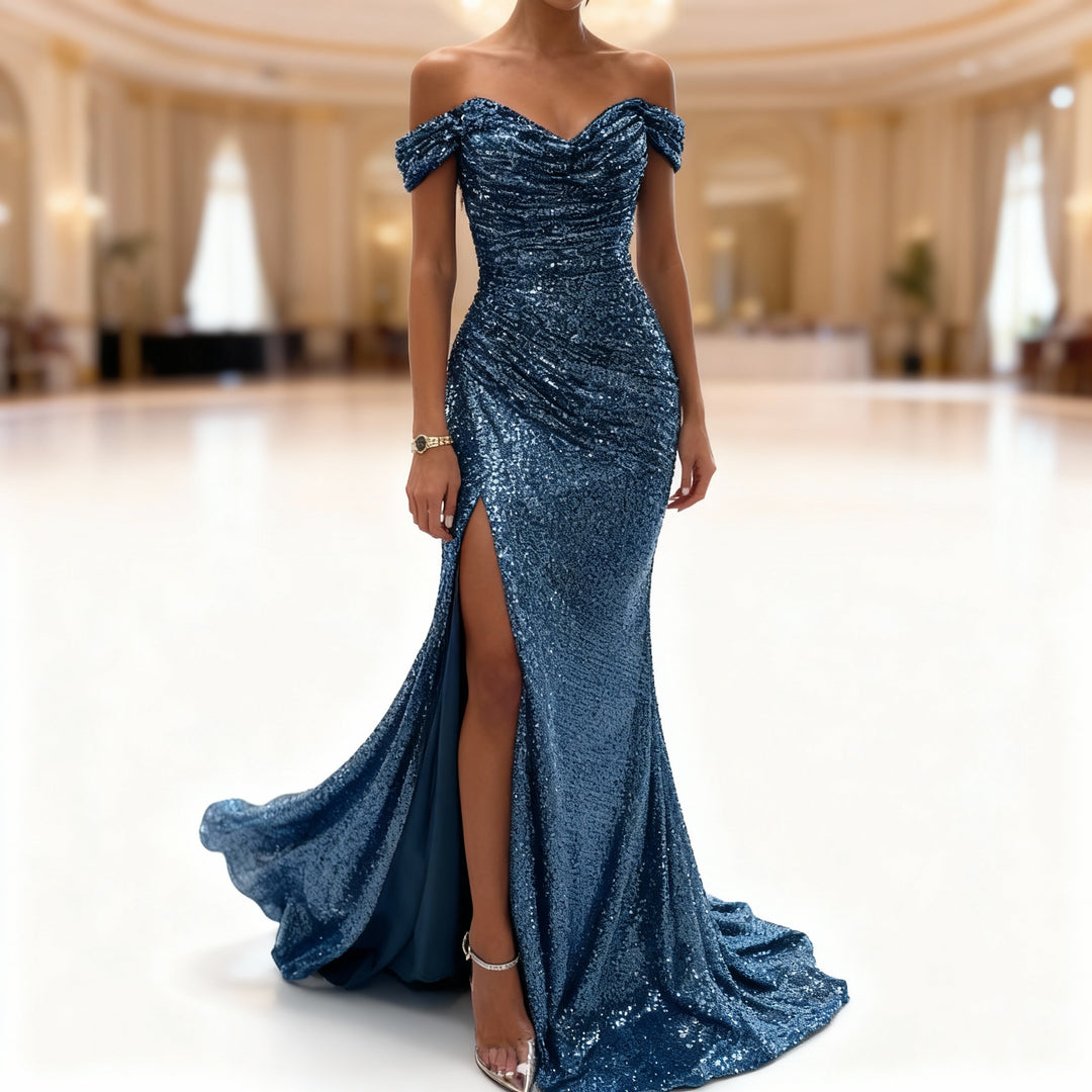 EB | Off Shoulder Abendkleid mit Pailletten, Schlitz und Figurbetontem Schnitt für Damen