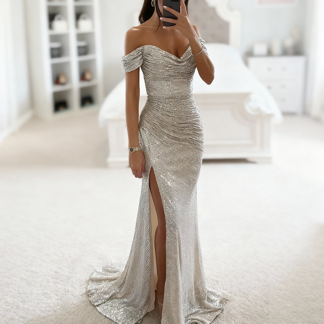 EB | Off Shoulder Abendkleid mit Pailletten, Schlitz und Figurbetontem Schnitt für Damen
