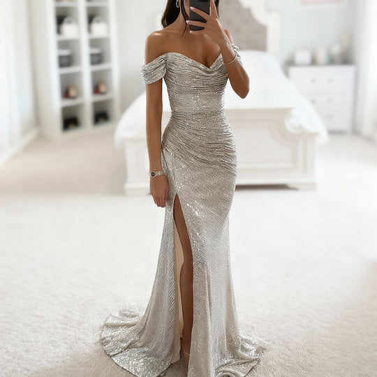 EB | Off Shoulder Abendkleid mit Pailletten, Schlitz und Figurbetontem Schnitt für Damen