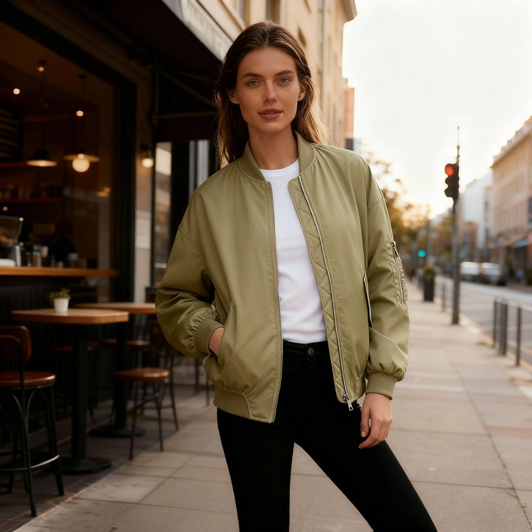 Damen sportliche Bomberjacke mit praktischen Taschen und Stehkragen EB