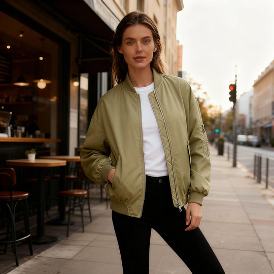 Damen sportliche Bomberjacke mit praktischen Taschen und Stehkragen EB