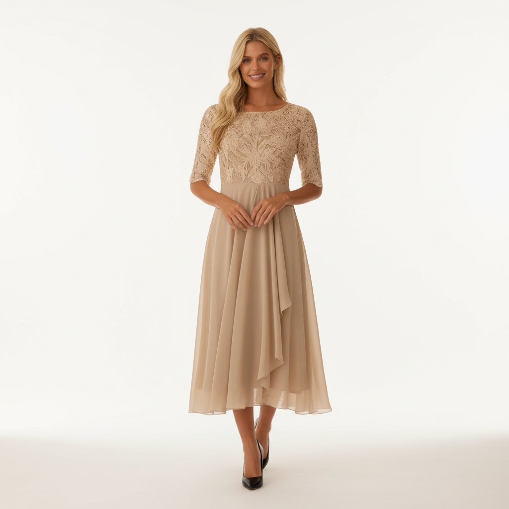 Damen Feminin Fallendes Chiffon Midikleid mit Fließendem Schnitt | EB