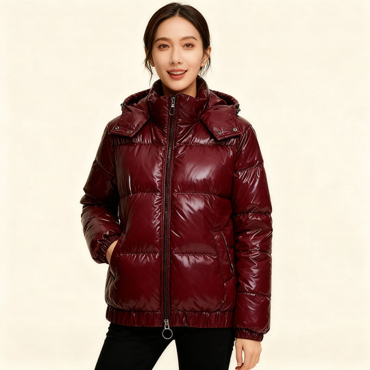 Damen glänzende Winterjacke mit Kapuze – Wasserabweisend & Wärmeisoliert – EB