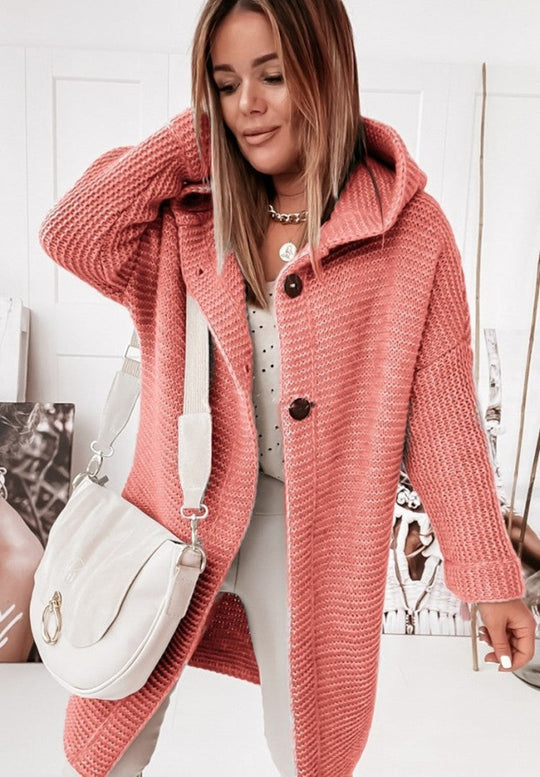 EB | Langärmlige Strickjacke Mit Kapuze Und Knopfleiste