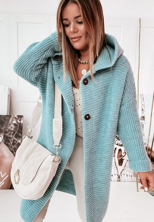 EB | Langärmlige Strickjacke Mit Kapuze Und Knopfleiste