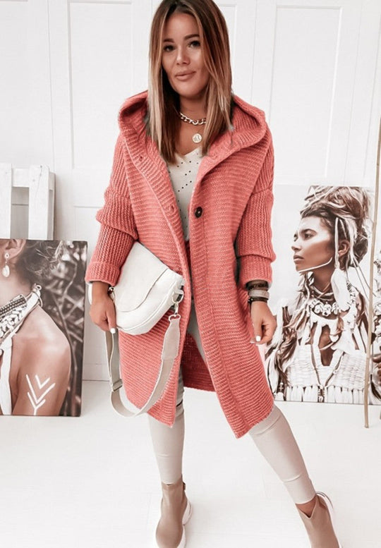 EB | Langärmlige Strickjacke Mit Kapuze Und Knopfleiste