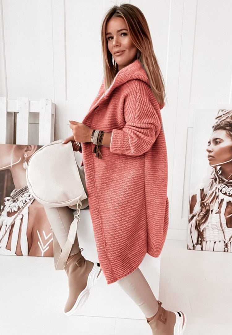 EB | Langärmlige Strickjacke Mit Kapuze Und Knopfleiste