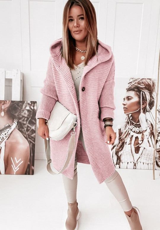 EB | Langärmlige Strickjacke Mit Kapuze Und Knopfleiste
