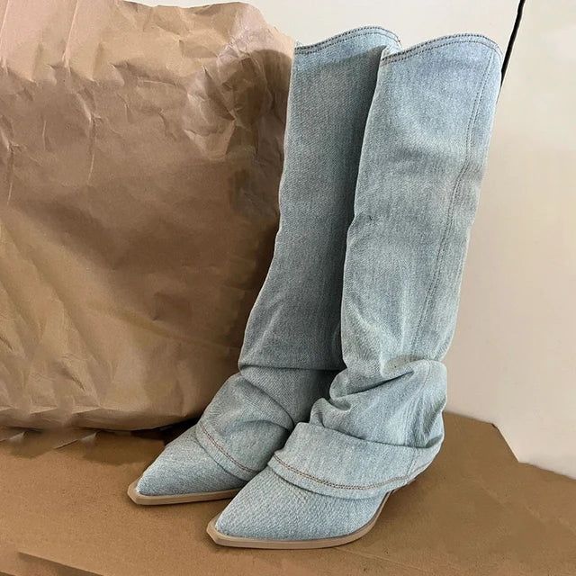 EB | Blau Denim Oberschenkel Hohe Stiefel