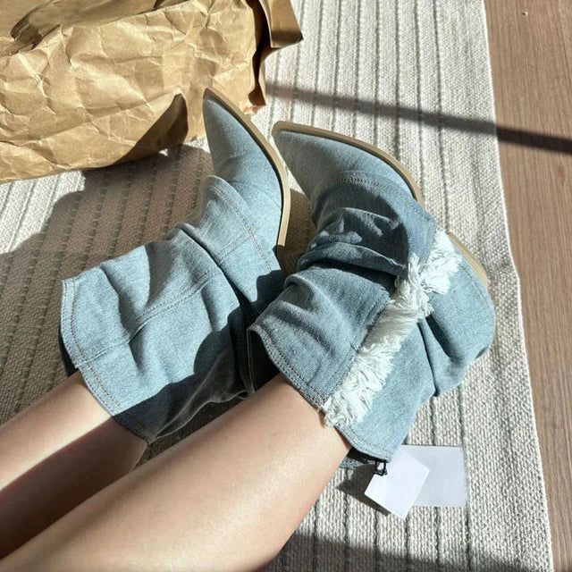 EB | Blau Denim Oberschenkel Hohe Stiefel