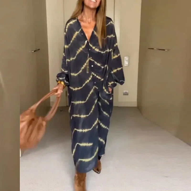 EB | Boho Gestreiftes Langarmkleid