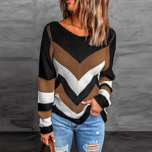 EB | Pullover - Damen Herbstgestreifter Patchwork Strickpullover