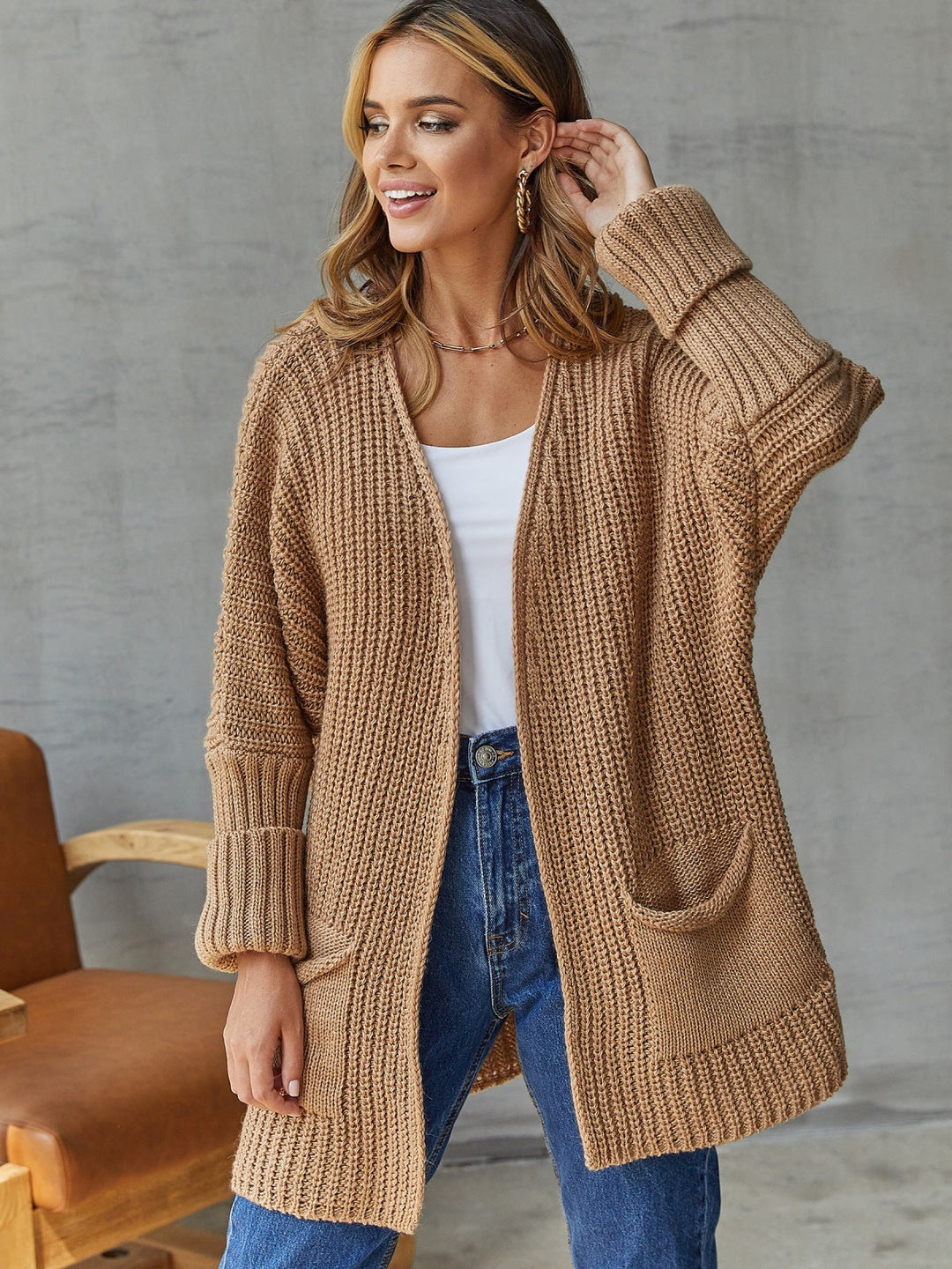 EB | Damen Offene Strickjacke mit Taschen Details und Langen Ärmeln