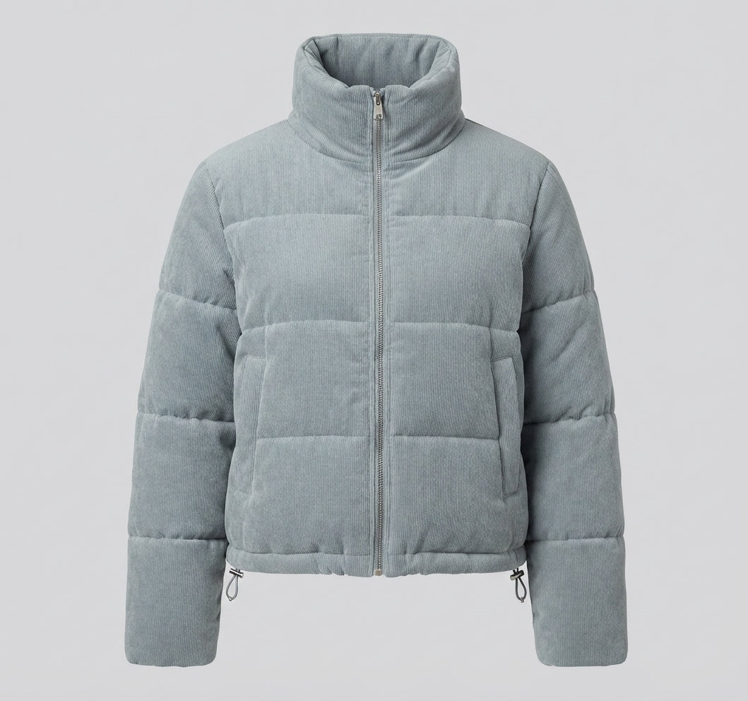 Damen nan kurzer Cord-Puffer mit voluminösem Schalkragen, verdeckter Druckknopfleiste und wärmender Thermofütterung EB