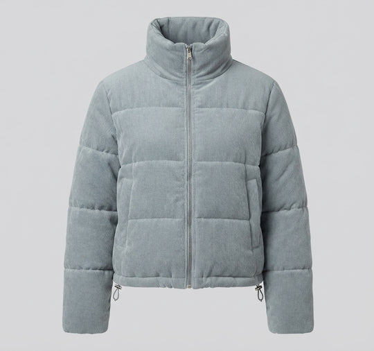 Damen nan kurzer Cord-Puffer mit voluminösem Schalkragen, verdeckter Druckknopfleiste und wärmender Thermofütterung EB
