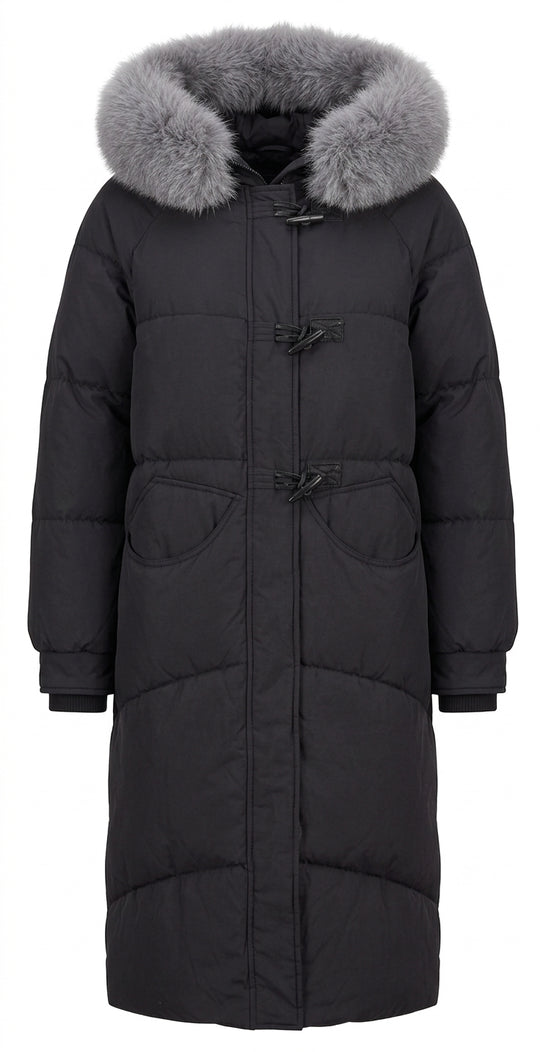 Damen nan extralanger Oversize-Steppmantel mit voluminöser Kapuze, abnehmbarem Webpelzbesatz und geräuscharmem Außenmaterial EB