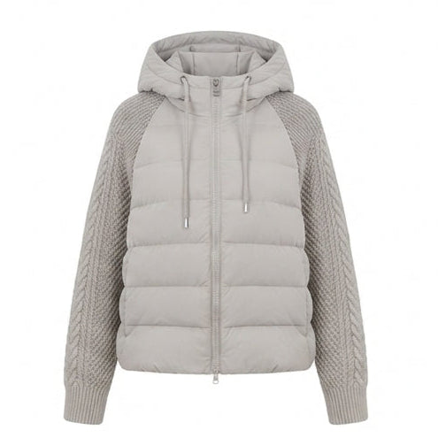 Damen nan kurz geschnittene gesteppte Hybridjacke mit Strickärmeln und Kapuze EB