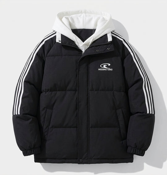 Damen nan gefütterte sportive Oversize-Pufferjacke mit Kapuzenblende, kontraststreifenärmeln und winddichter Außenhülle EB