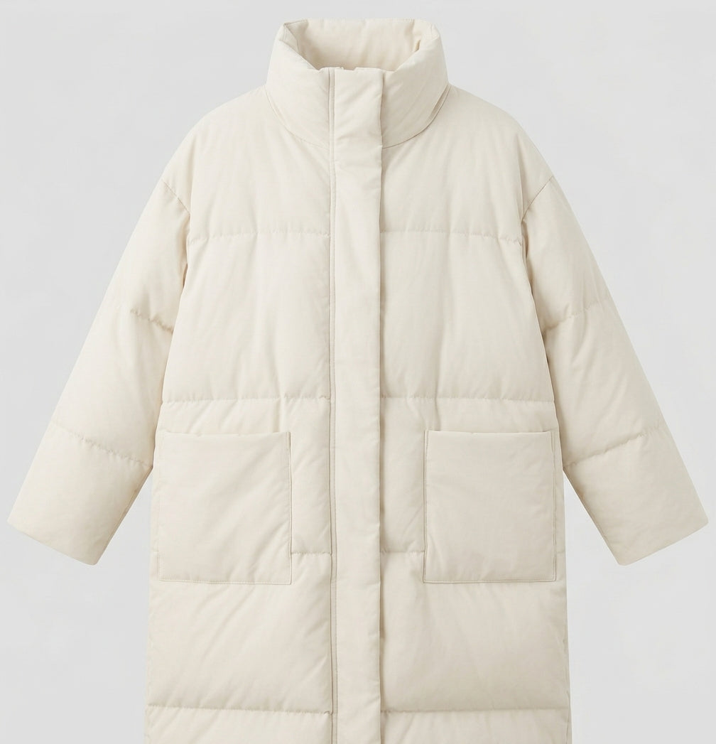 Damen nan extralang wattierter Comfort-Puffer mit geräuscharmer Oberfläche, hohem Stehkragen und großzügiger Oversize-Silhouette EB