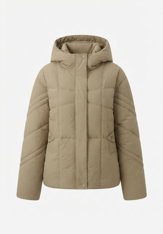 Damen nan kurze wattierte Steppjacke mit quadratischer Steppung, hohem Stehkragen, Kapuze und Daumenlochbündchen EB