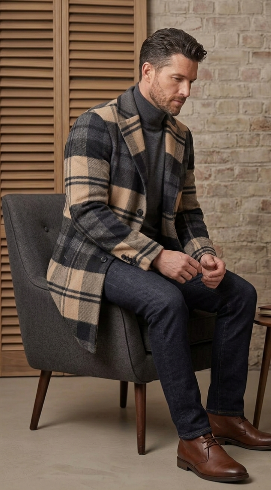 Herren Karierter Wintermantel mit warmem Innenfutter EB
