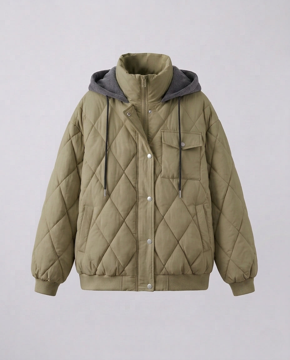 Damen nan gesteppte Oversize-Kurzjacke mit Diamantsteppung, Stehkragen und Pattentaschen EB