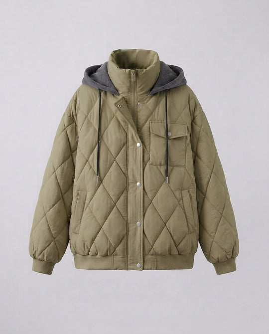 Damen nan gesteppte Oversize-Kurzjacke mit Diamantsteppung, Stehkragen und Pattentaschen EB