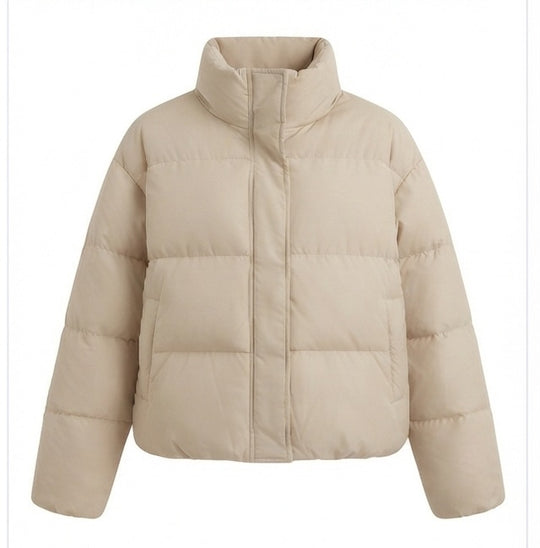 Damen nan kompakte Microfaser-Pufferjacke mit hohem Schalkragen, verdeckter Druckknopfleiste und taillierbarem Saum EB
