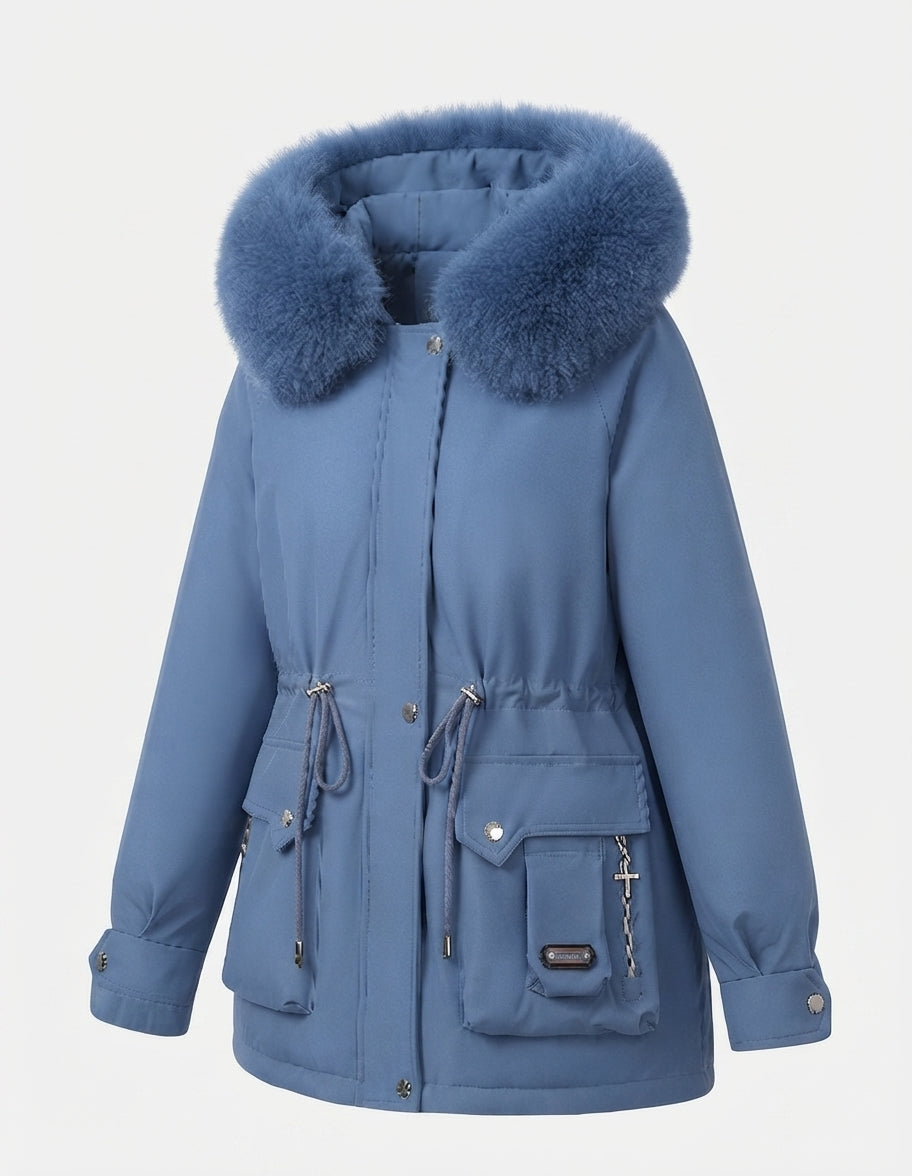 Damen nan kurzer isolierter Utility Parka mit modularen Cargo Taschen und voluminösem Fellkragen EB