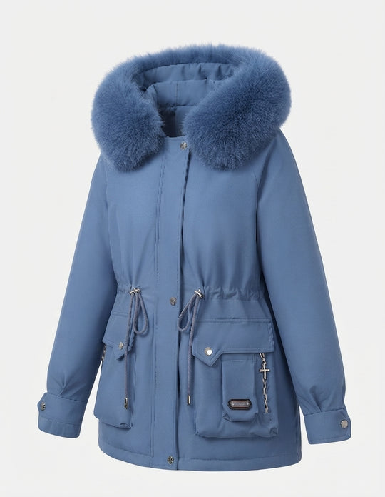Damen nan kurzer isolierter Utility Parka mit modularen Cargo Taschen und voluminösem Fellkragen EB