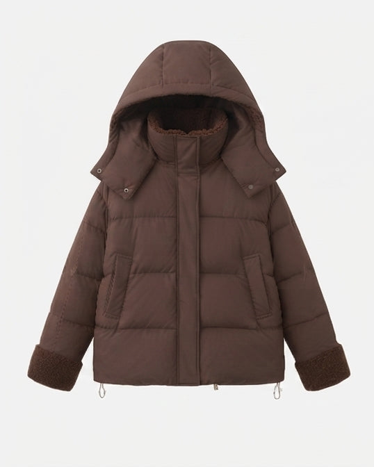 Damen nan kurzer gesteppter Reisefreundlicher Winterparka mit Teddy-Bündchen, verstaubarer Kapuze und großzügigen Einschubtaschen EB