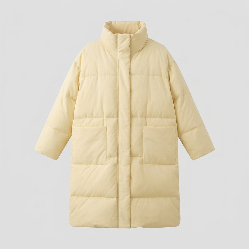 Damen nan extralang wattierter Comfort-Puffer mit geräuscharmer Oberfläche, hohem Stehkragen und großzügiger Oversize-Silhouette EB