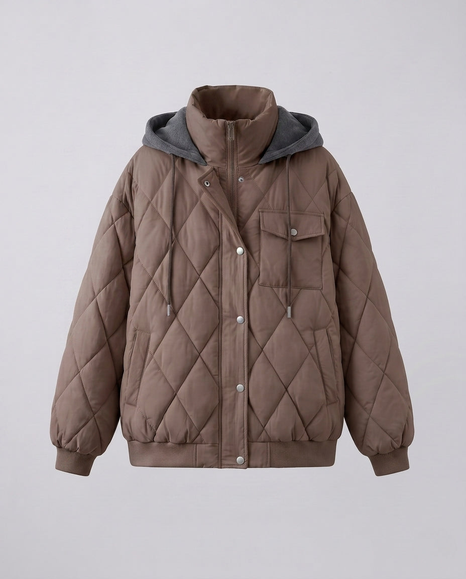 Damen nan gesteppte Oversize-Kurzjacke mit Diamantsteppung, Stehkragen und Pattentaschen EB
