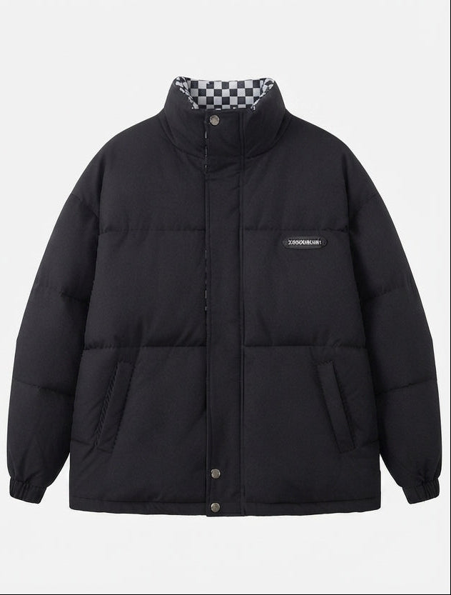 Damen nan kurzer thermischer Pufferblouson mit kariertem Wende-Innenfutter und hohem Stehkragen EB
