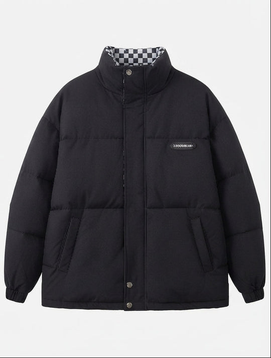 Damen nan kurzer thermischer Pufferblouson mit kariertem Wende-Innenfutter und hohem Stehkragen EB