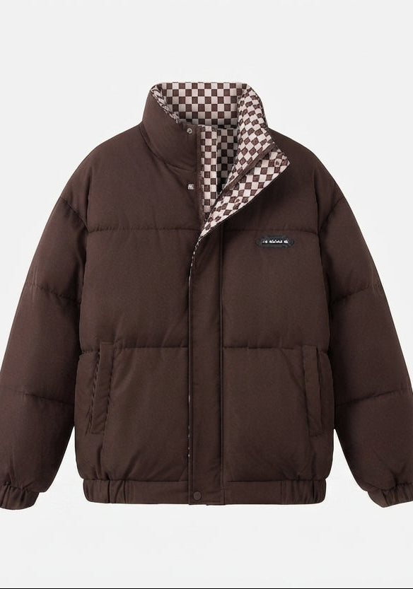 Damen nan kurzer thermischer Pufferblouson mit kariertem Wende-Innenfutter und hohem Stehkragen EB
