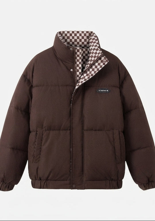 Damen nan kurzer thermischer Pufferblouson mit kariertem Wende-Innenfutter und hohem Stehkragen EB