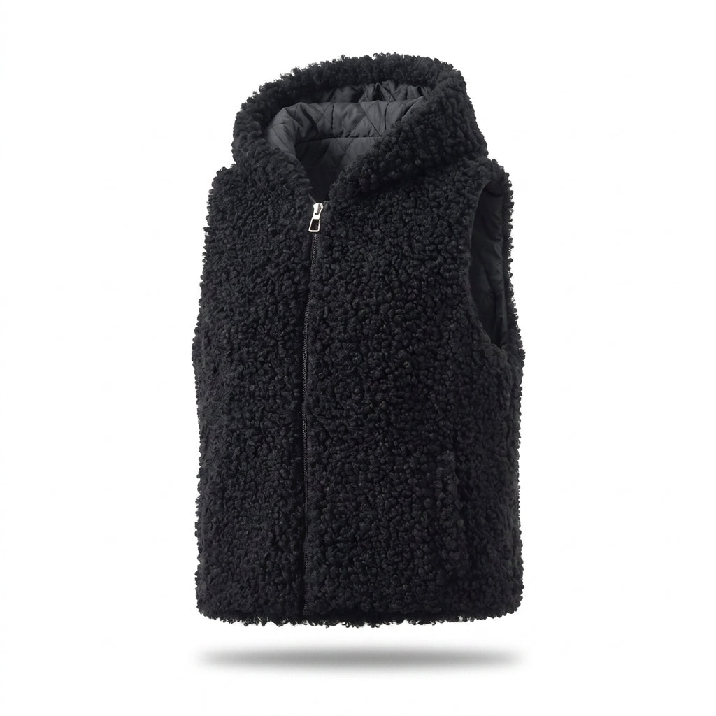 Damen nan ärmellose Teddyweste mit Kapuze, wattierter Innenlage und praktischen Eingrifftaschen EB