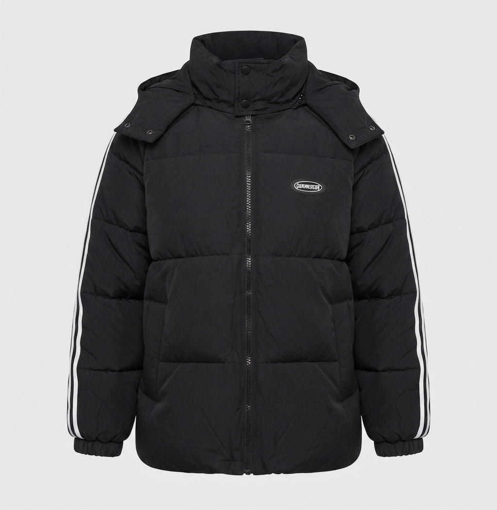 Unisex nan oversized Steppjacke mit kontraststreifen an Ärmeln, hochschließendem Kragen und Kapuzenblende EB